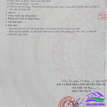 HAILONGREAL: Đất giá: 5,1ty, DT: 5*21m, khu 154/ Nguyễn Văn Tạo, xã Long Thới, Nhà Bè 