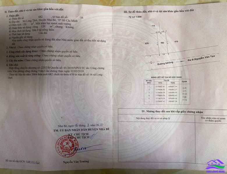 HAILONGREAL: Đất giá: 4,3ty, DT: 7*17m, khu 274/ Nguyễn Văn Tạo, Nhà Bè 