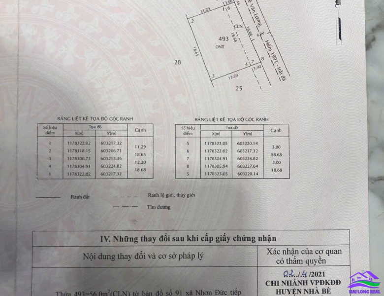HAILONGREAL: Đất giá: 25tr/m2, DT: 19*15m, 275m2, thổ cư 219m2, đường 8m, khu 1991/ Lê Văn Lương, Nhà Bè 