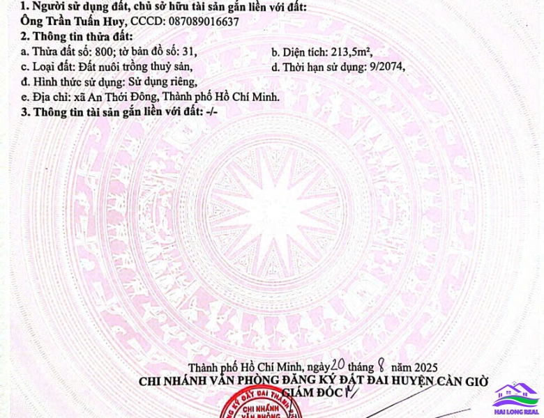 Đất giá: 3,5ty, DT: 35*58m, 2200m2, đường xe máy, xã An Thới Đông, Cần Giờ 