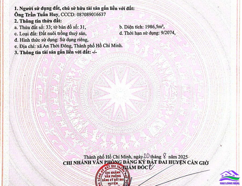 Đất giá: 3,5ty, DT: 35*58m, 2200m2, đường xe máy, xã An Thới Đông, Cần Giờ 