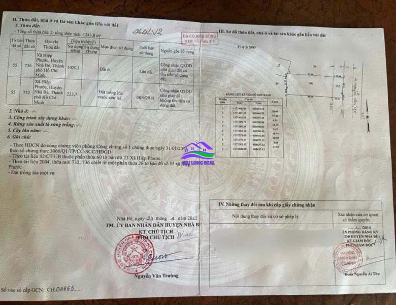 HAILONGREAL: Đất mặt tiền Nguyễn Văn Tạo, Giá: 18ty, DT: 23x55m, 1243m2, thổ cư 1020m2, xã Hiệp Phước, Nhà Bè 