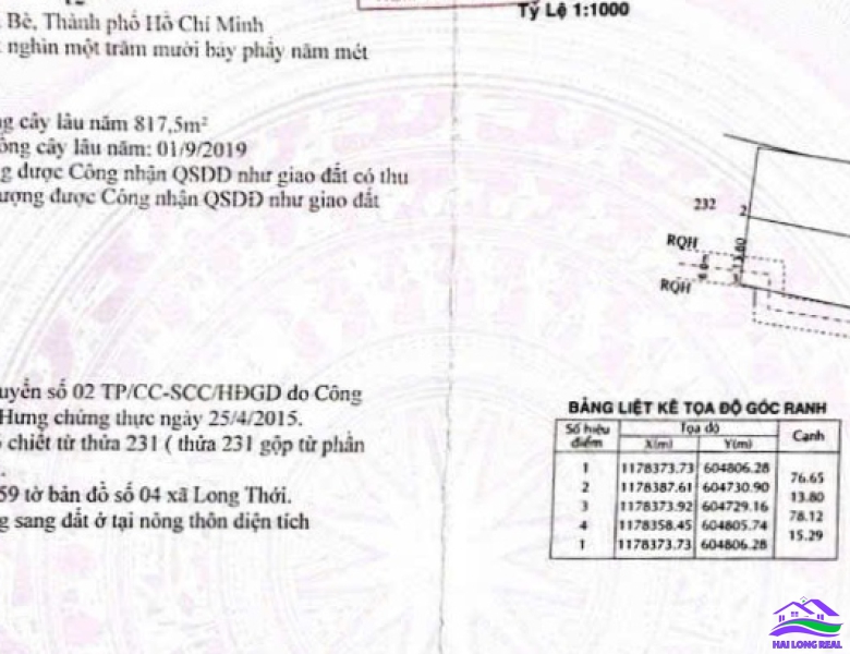 HAILONGREAL: Đất giá: 12ty, DT: 1170m2, thổ cư 300m2, ngang 15x77m, Đường XƯƠNG CÁ 2 - NGÔ QUANG THẮM, Nhà Bè 
