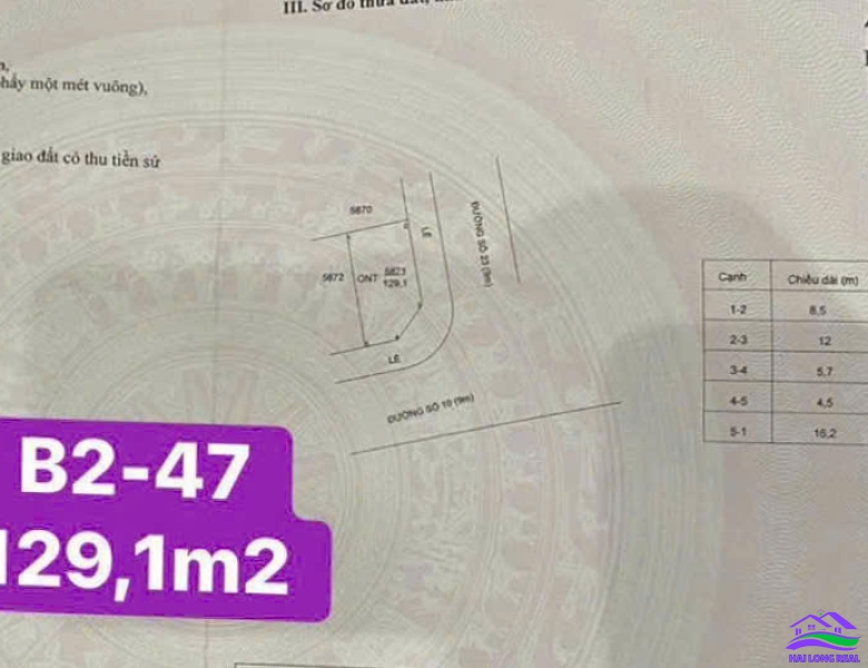 Đất Góc giá: 4.9ty, DT: 8.5x16m, 129m2, lô Góc đường 23 - đường 10, lô B2-47, khu SAIGON VILLAGE, long hậu