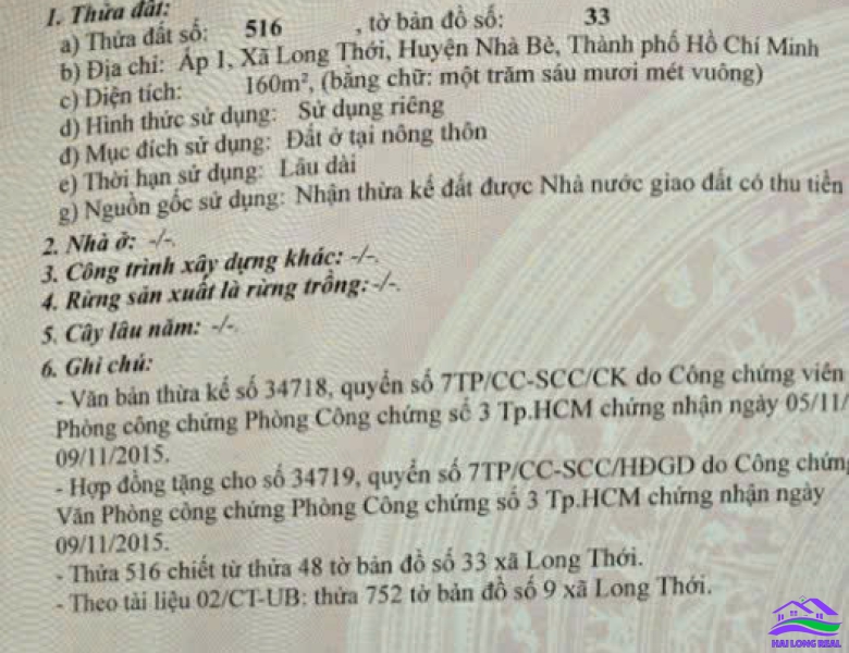 HAILONGREAL: Đất giá: 5,2ty, DT: 8*20m, đường 7m, Nguyễn Văn Tạo, xã Long Thới, Nhà Bè 