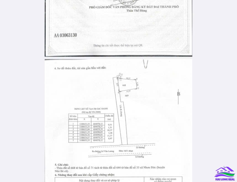 HAILONGREAL: Đất giá: 3,95ty, DT: 7*12m, khu 1651/ Lê Văn Lương, Nhà Bè, hẽm thông 855/ Nguyễn Bình