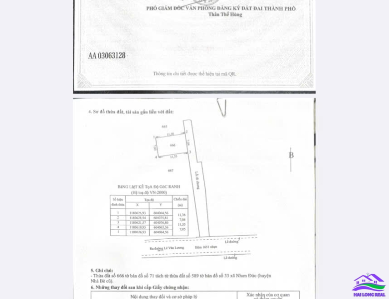 HAILONGREAL: Đất giá: 3,95ty, DT: 7*12m, khu 1651/ Lê Văn Lương, Nhà Bè, hẽm thông 855/ Nguyễn Bình