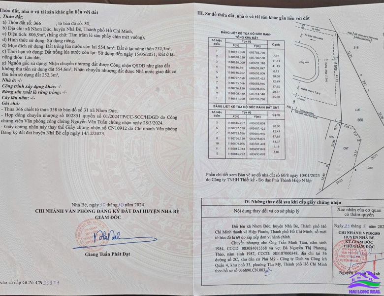 HAILONGREAL: Đất giá: 14,5ty, DT: 806m2, thổ cư: 252m2, có GPXD 7 tầng, Lê Văn Lương, Nhà Bè 