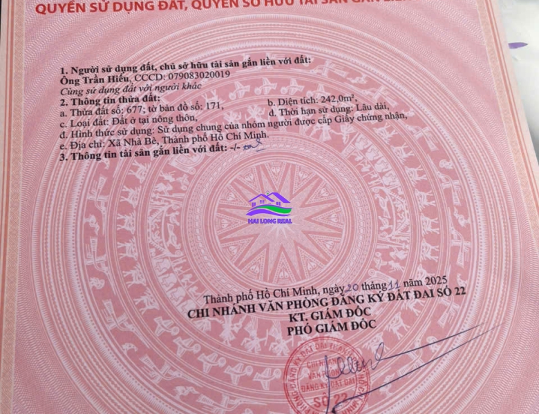 HAILONGREAL: đát giá: 45tr/m2, DT: 12x20m, 242m2, khu 1465/ Lê Văn Lương, xã Phước Kiểng, Nhà Bè